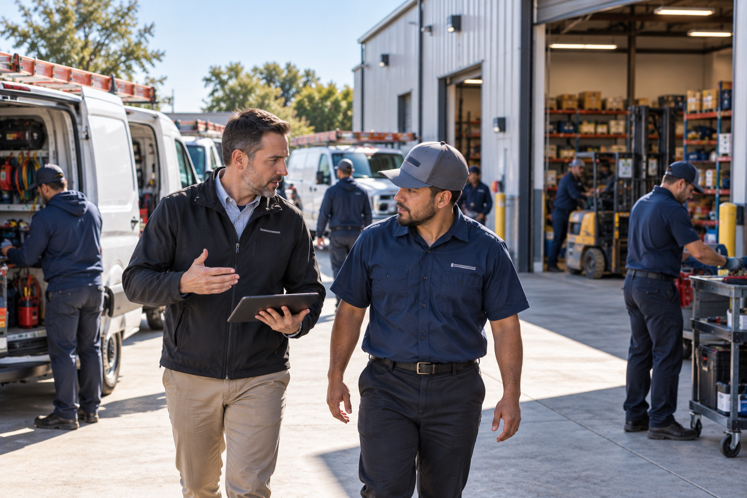 Two business leaders reviewing a tablet among service crews, equipped vans, and an active warehouse.