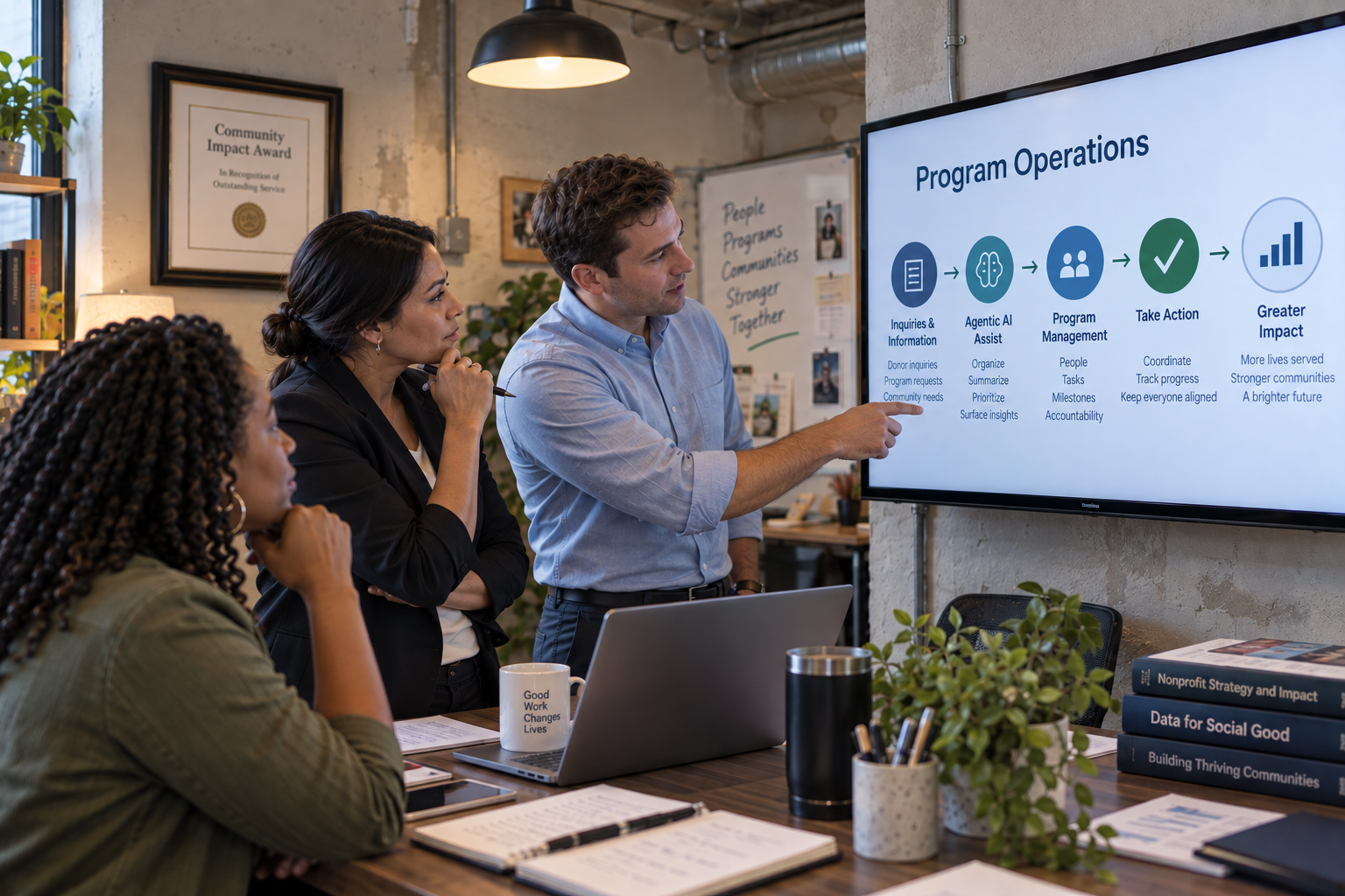 Three colleagues discussing a program operations workflow with Agentic AI assistance on a display.