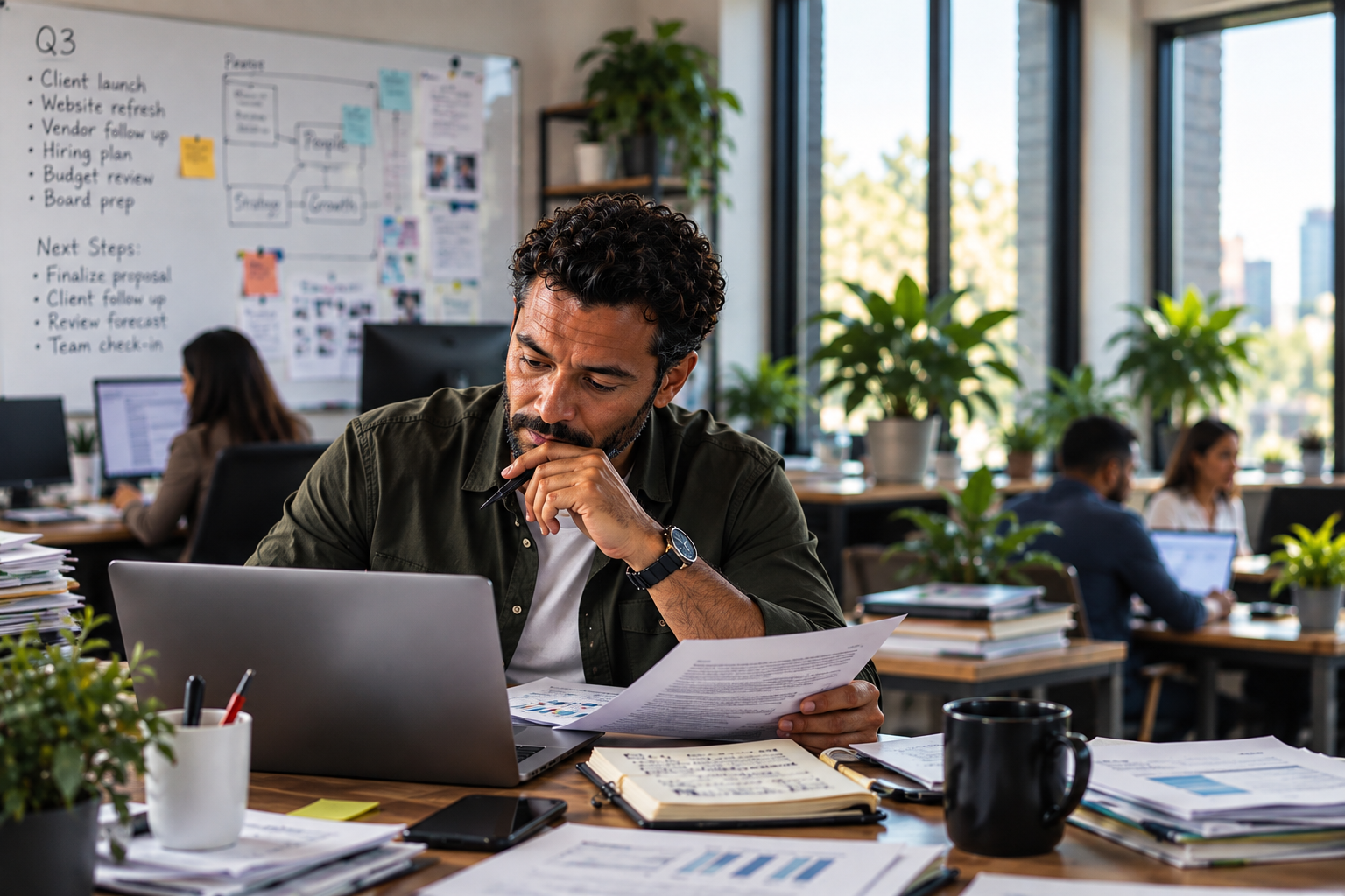 Business leader reviewing documents at a laptop in a busy office.